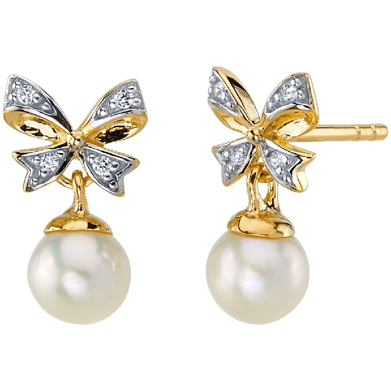 14k Yellow Gold Freshwater Pearl Bow Design Drop Earrings