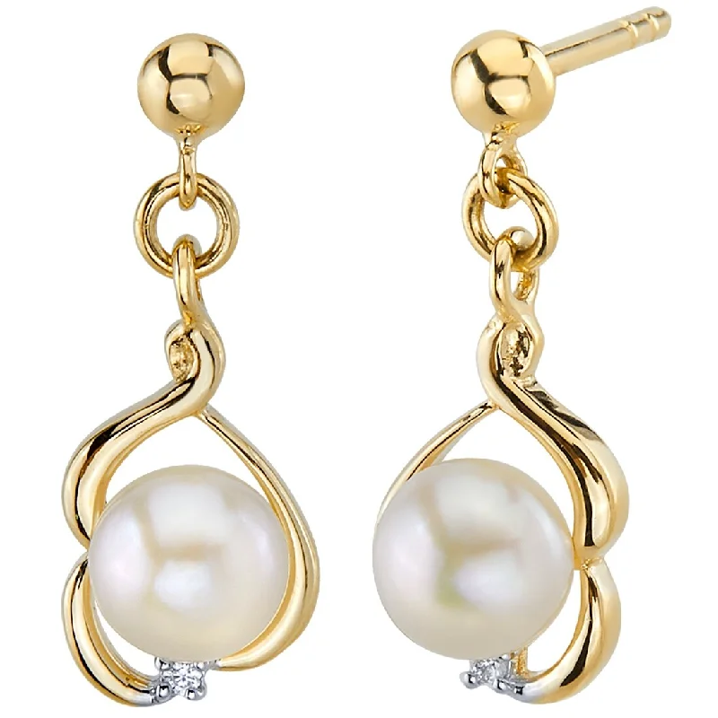 14k Yellow Gold Freshwater Pearl Round Button Shape Drop Earrings