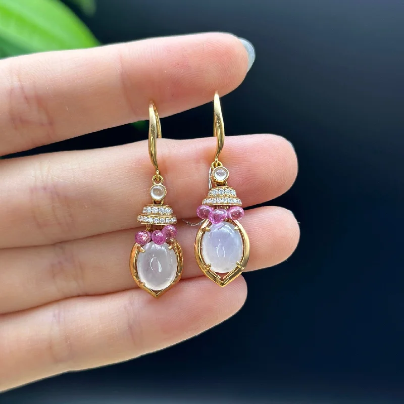 18k Rose Gold Genuine Ice Jadeite Jade Earrings With Diamonds