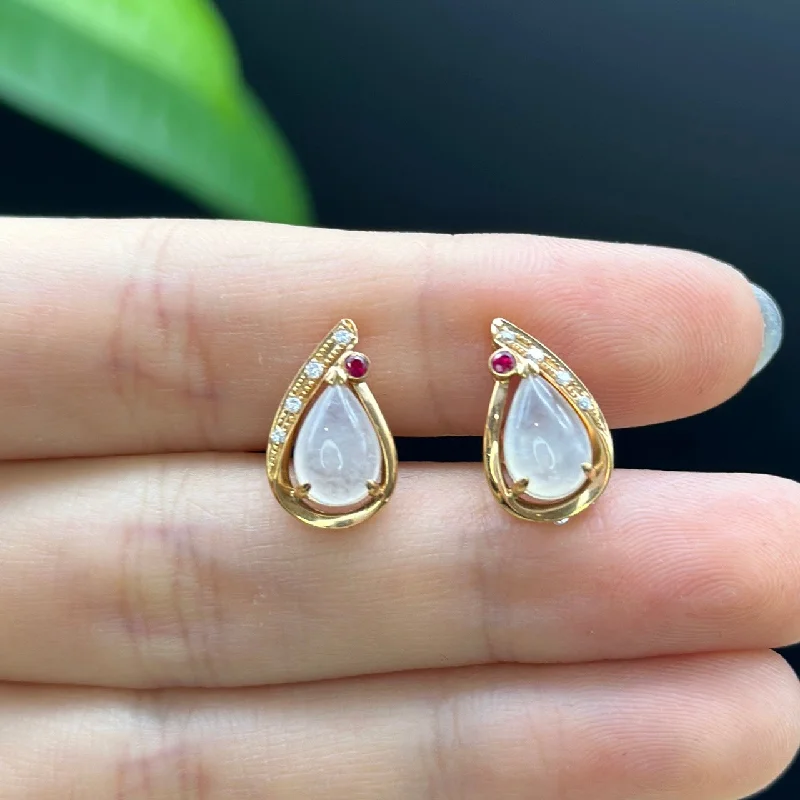 18k Rose Gold Genuine Ice Jadeite Jade Earrings With Diamonds