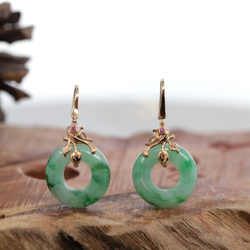 18k Rose Gold "Good Luck Birdie" genuine Green Jadeite Jade Earrings & Diamond