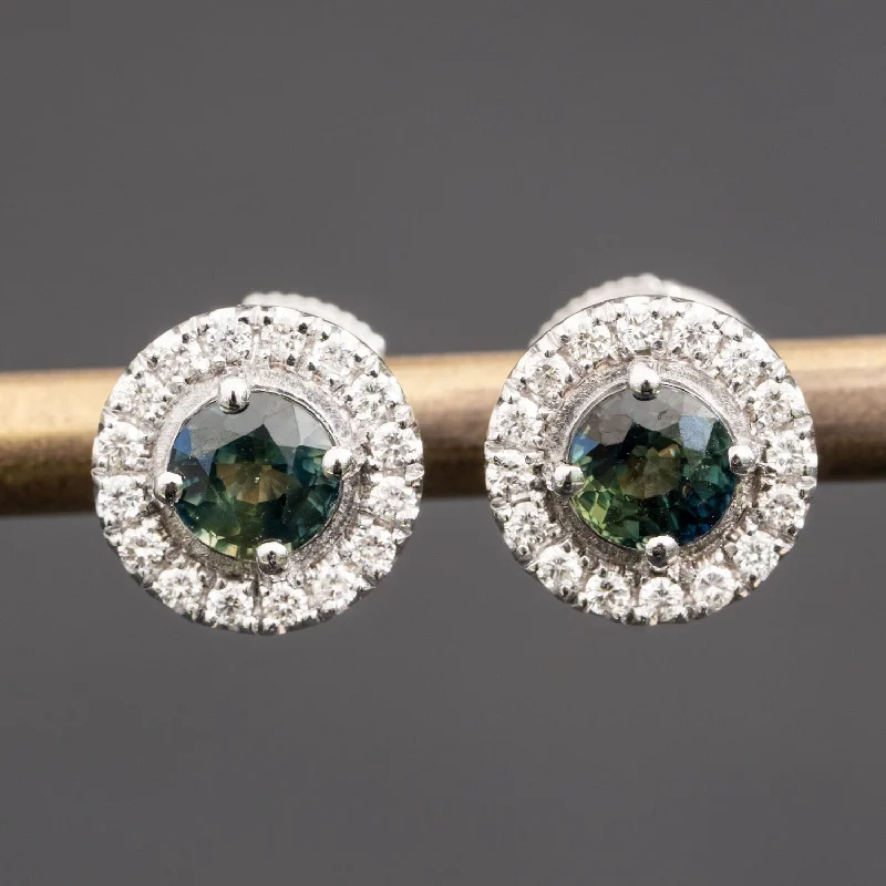 Armande - 0.93 carat round natural bluish green sapphire earrings with 0.30 carat natural diamonds