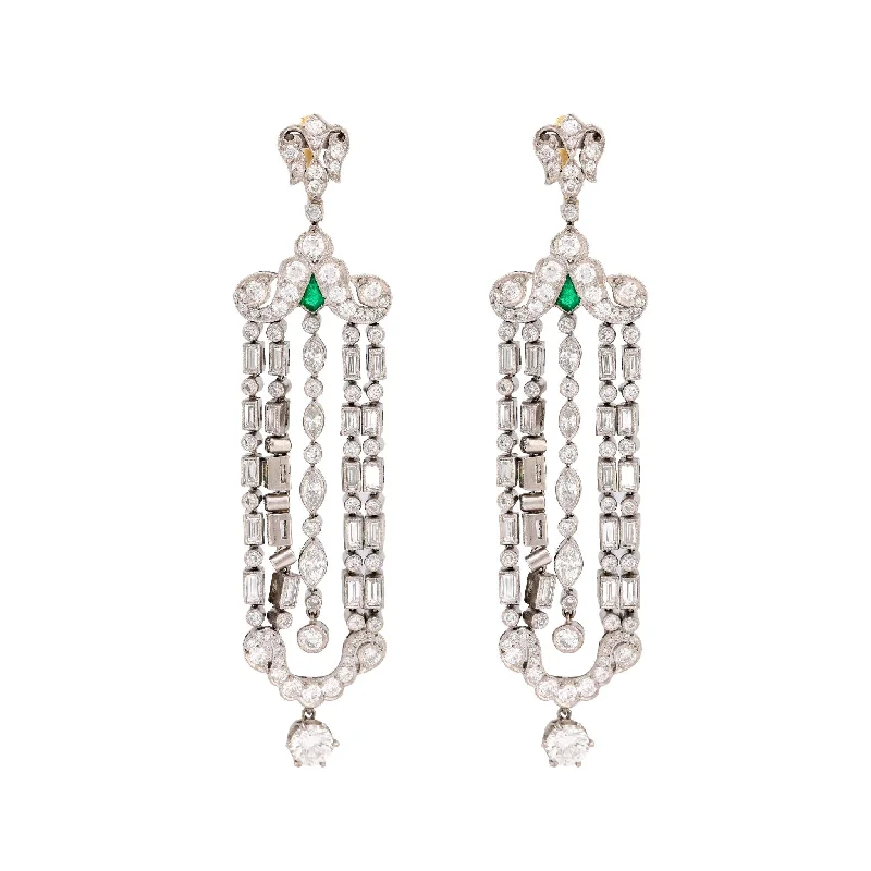 Art Deco inspired 9.2 carat diamond emerald platinum chandelier earrings