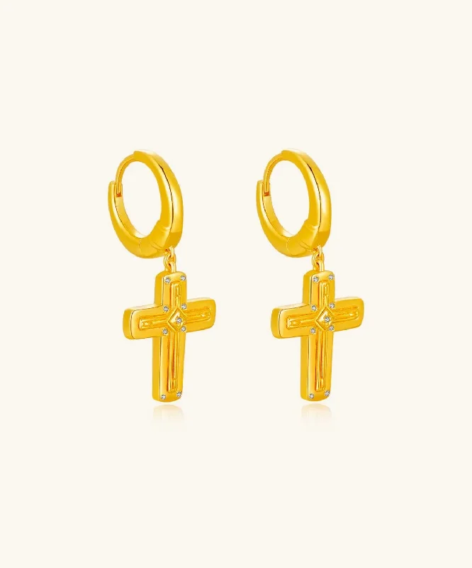 24K Gold Cross Hoop Earring