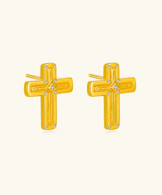 24K Gold Cross Stud Earring