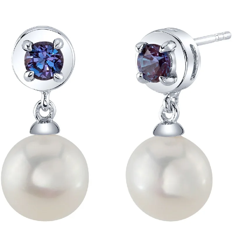 Freshwater Pearl and Alexandrite Birthstone Sterling Silver Drop Earrings