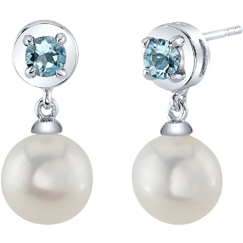 Freshwater Pearl and Aquamarine Birthstone Sterling Silver Drop Earrings