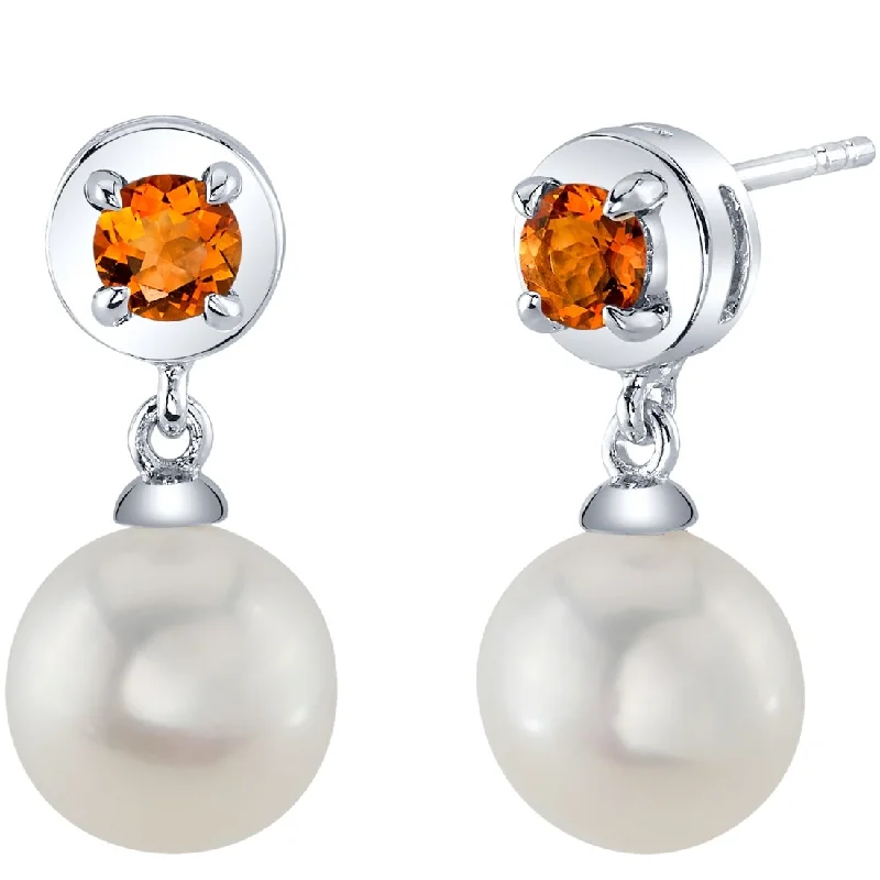 Freshwater Pearl and Citrine Birthstone Sterling Silver Drop Earrings