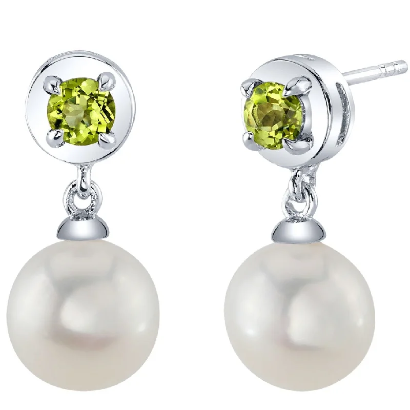 Freshwater Pearl and Peridot Birthstone Sterling Silver Drop Earrings