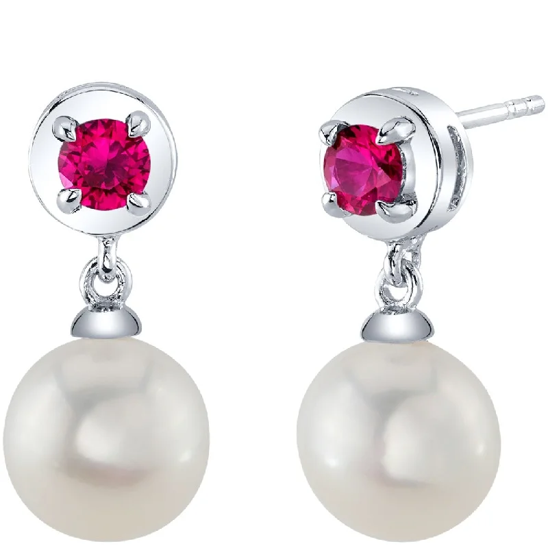 Freshwater Pearl and Ruby Birthstone Sterling Silver Drop Earrings