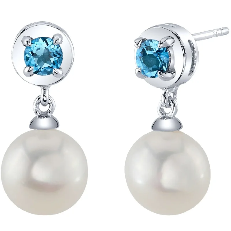 Freshwater Pearl and Swiss Blue Topaz Birthstone Sterling Silver Drop Earrings