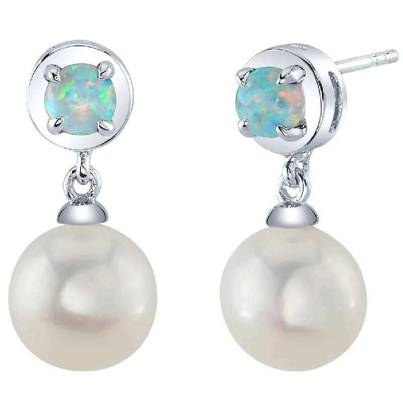 Freshwater Pearl and White Opal Birthstone Sterling Silver Drop Earrings