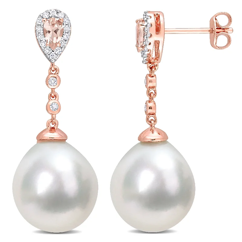 Miadora 1/7 CT Diamond Morganite Topaz and South Sea Cultured Pearl Earrings Pink Silver