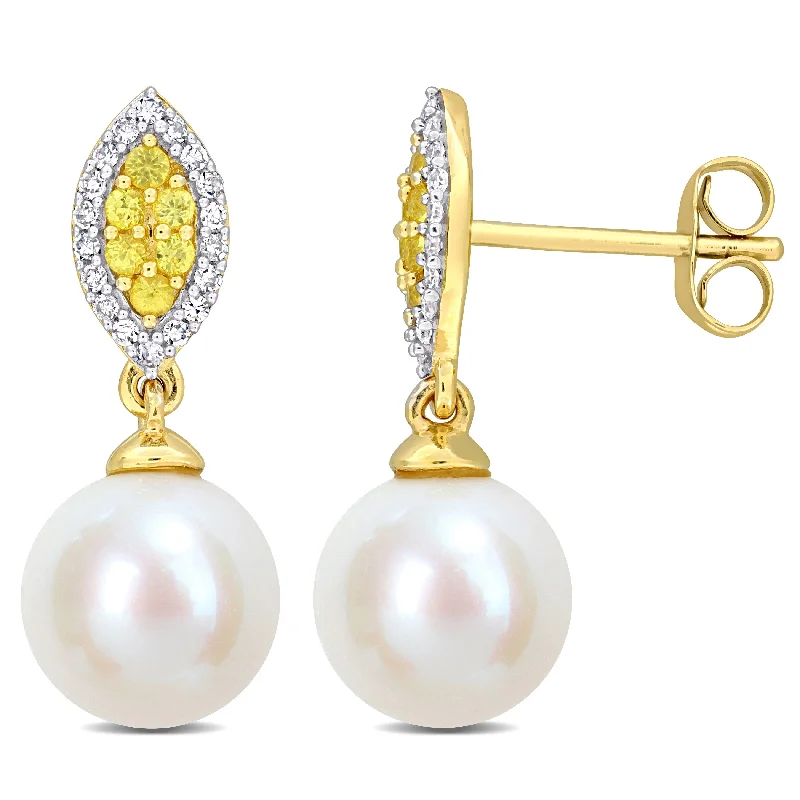 Miadora 1/7ct Diamond And 1/6ct TGW Yellow Sapphire Freshwater Cultured Pearl Fashion Post Earrings in 14K Yellow Gold