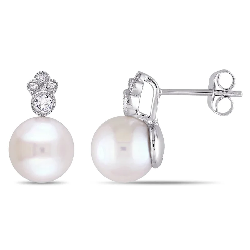 Miadora 10k White Gold Cultured FW Pearl, Sapphire & Diamond Accent Earrings (8-8.5 MM)