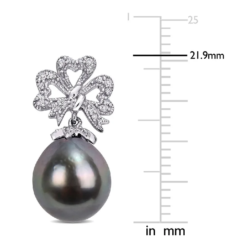 Miadora 10k White Gold Tahitian Cultured Pearl and 1/6ct TDW Diamond Ribbon Bow Earrings (9-9.5 MM)