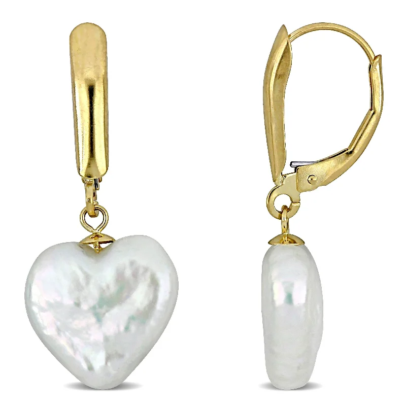 Miadora 12-12.5mm Cultured Freshwater Pearl Heart-shaped Leverback Drop Earrings in 14k Yellow Gold