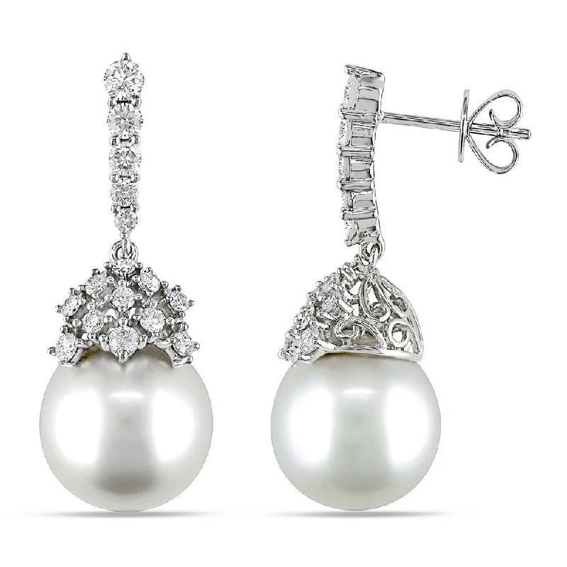 Miadora 14k White Gold South Sea Pearl & 1ct TDW Diamond Cluster Drop Earrings (10-12 mm)