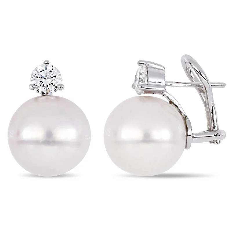 Miadora 18k White Gold Cultured Freshwater Pearl 1ct TDW Diamond Clipback Earrings (13-14mm)