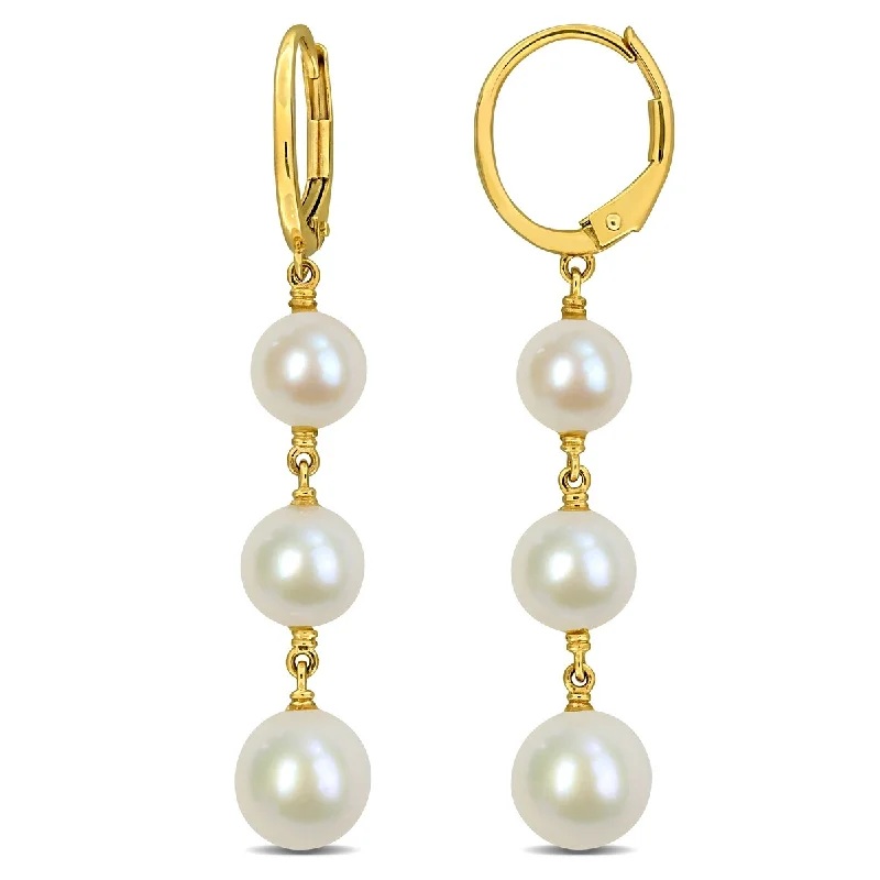 Miadora 6-8mm Cultured Freshwater Pearl Drop Leverback Earrings in 10k Yellow Gold