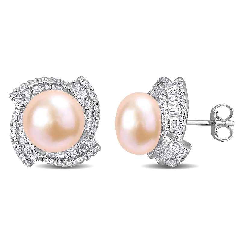 Miadora Cubic Zirconia and Pink Freshwater Cultured Fashion Pearl Earrings Silver