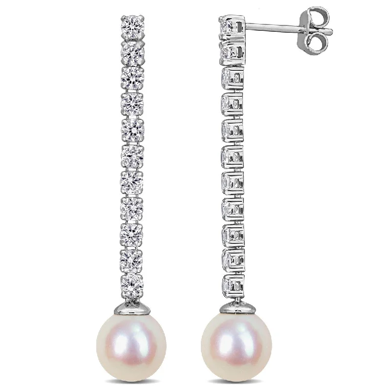 Miadora Cultured Freshwater Pearl 2 5/8ct Created White Sapphire Drop Earrings in Sterling Silver