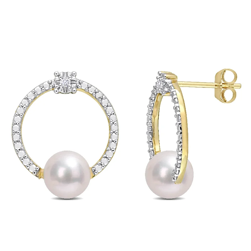 Miadora Cultured Freshwater Pearl & White Topaz Earrings in 10k Yellow Gold (7-7.5mm)