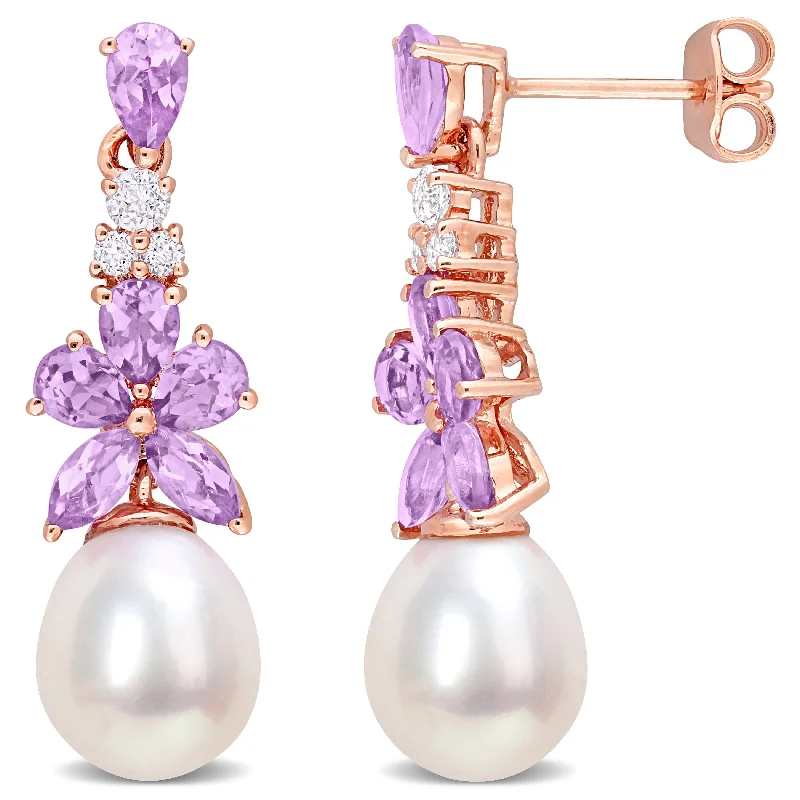 Miadora Freshwater Cultured Pearl Multi-Gemstone Earrings in 18k Rose Plated Sterling Silver