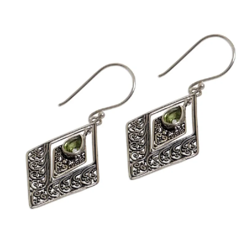 Peridot Dangle Earrings, 'Green Rhombus' (Indonesia) - 1.8*0.8