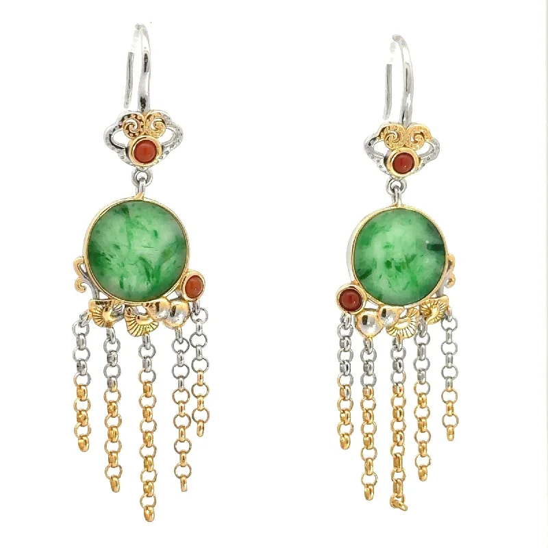 RealJade® Co. Antique Natural Jadeite Jade Sterling Silver Gold Plated Two Tone Dangle Earrings