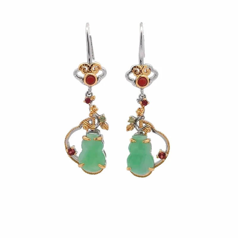 RealJade® Co. Antique Natural Jadeite Jade Sterling Silver Gold Plated Two Tone Dangle Earrings