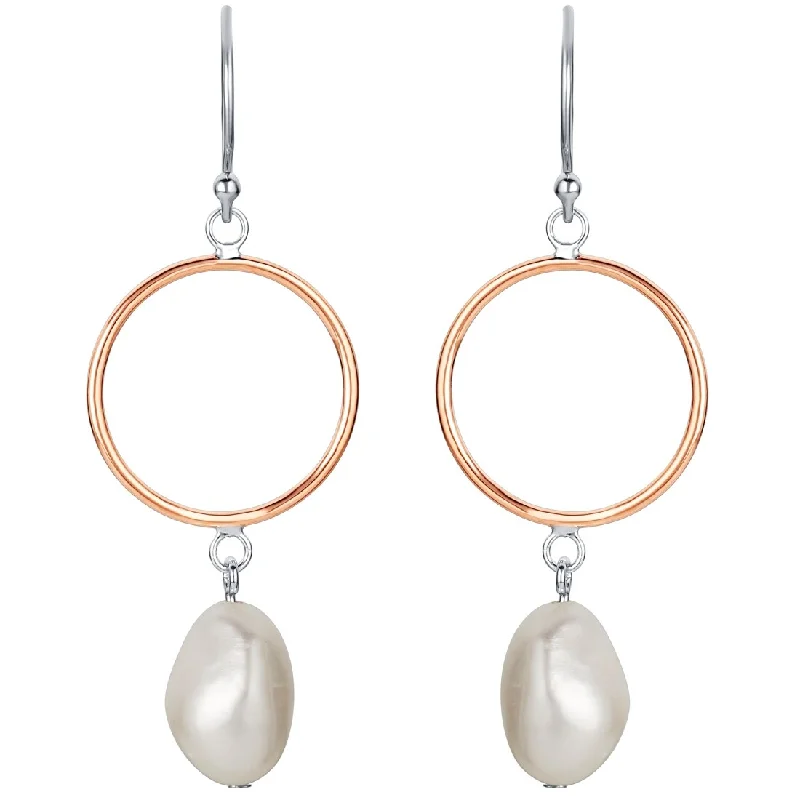 Rose-Tone Sterling Silver Freshwater Pearl Ring Drop Earrings