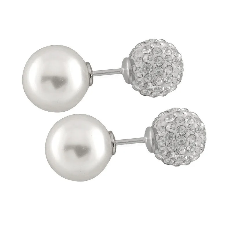 Sterling Silver Freshwater Pearl Cubic Zirconia Ferodo Ball Double Sided Earrings (5-6mm) - White