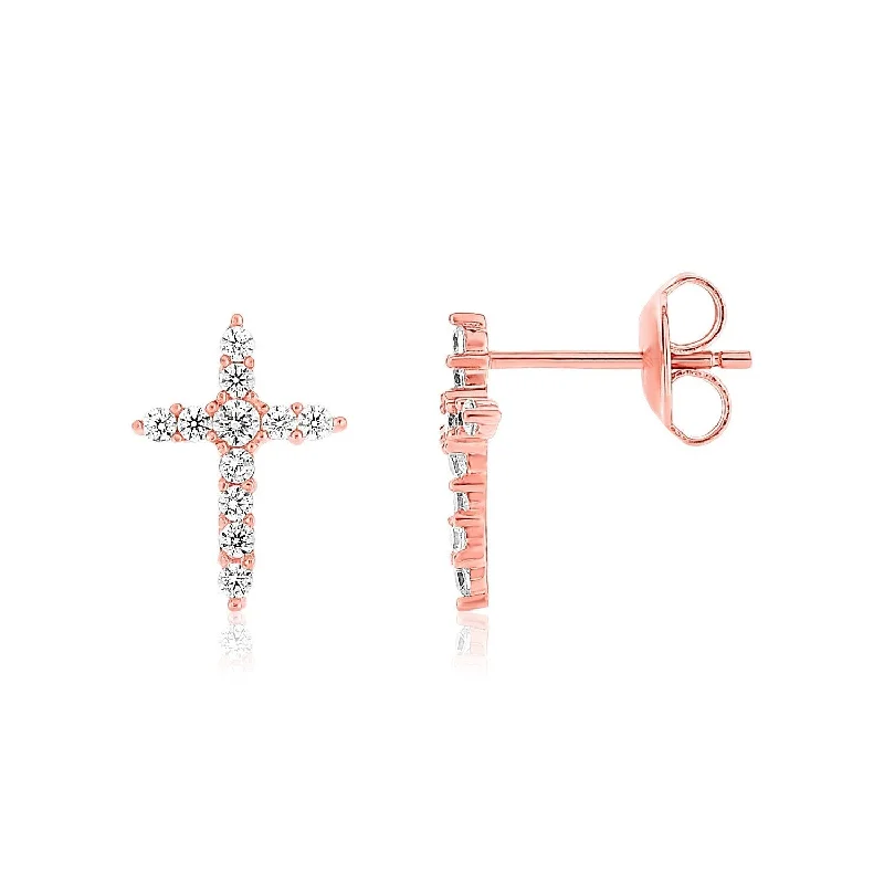 Sterling Silver Rose Finish Cross Earrings with Cubic Zirconias