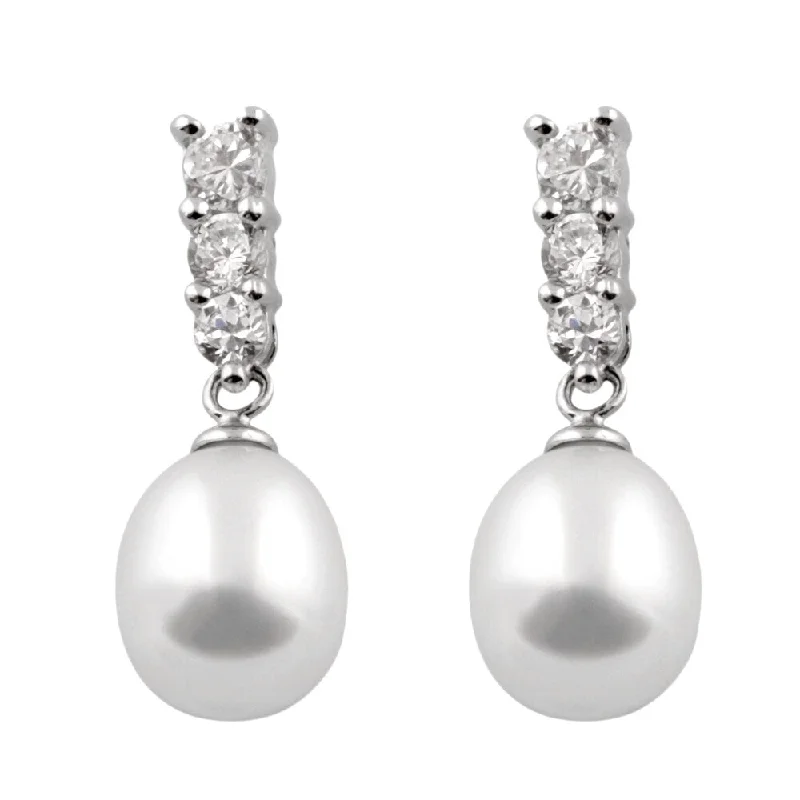 Sterling Silver Triple Cubic Zirconia Dangling Pearl Earrings - White