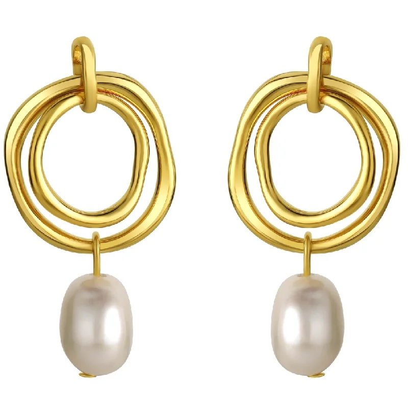 Yellow-Tone Sterling Silver Freshwater Pearl Ring Drop Earrings