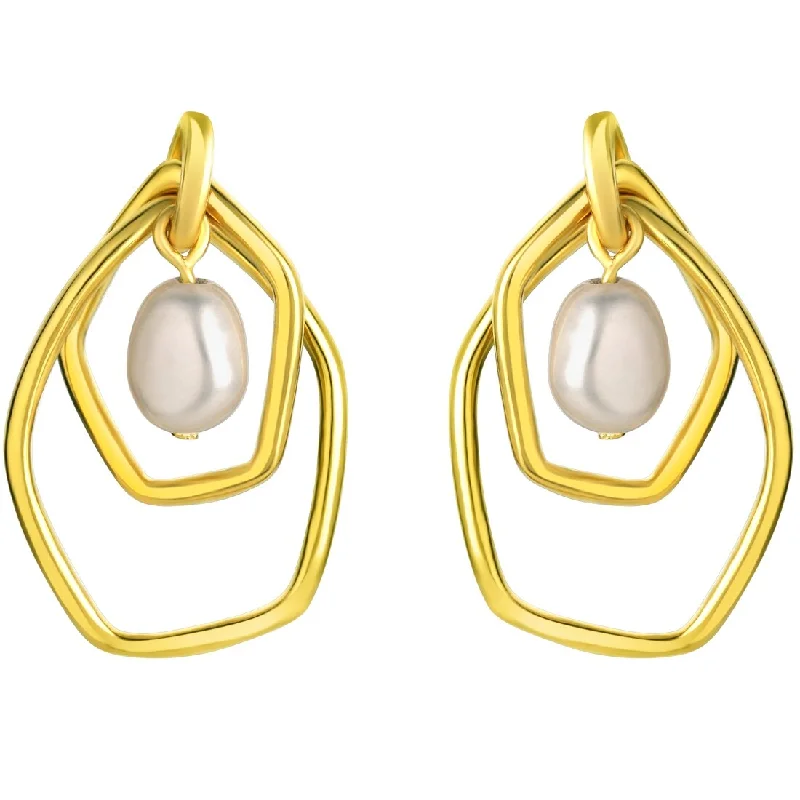 Yellow-Tone Sterling Silver Pearl Organic Circlets Charm Earrings